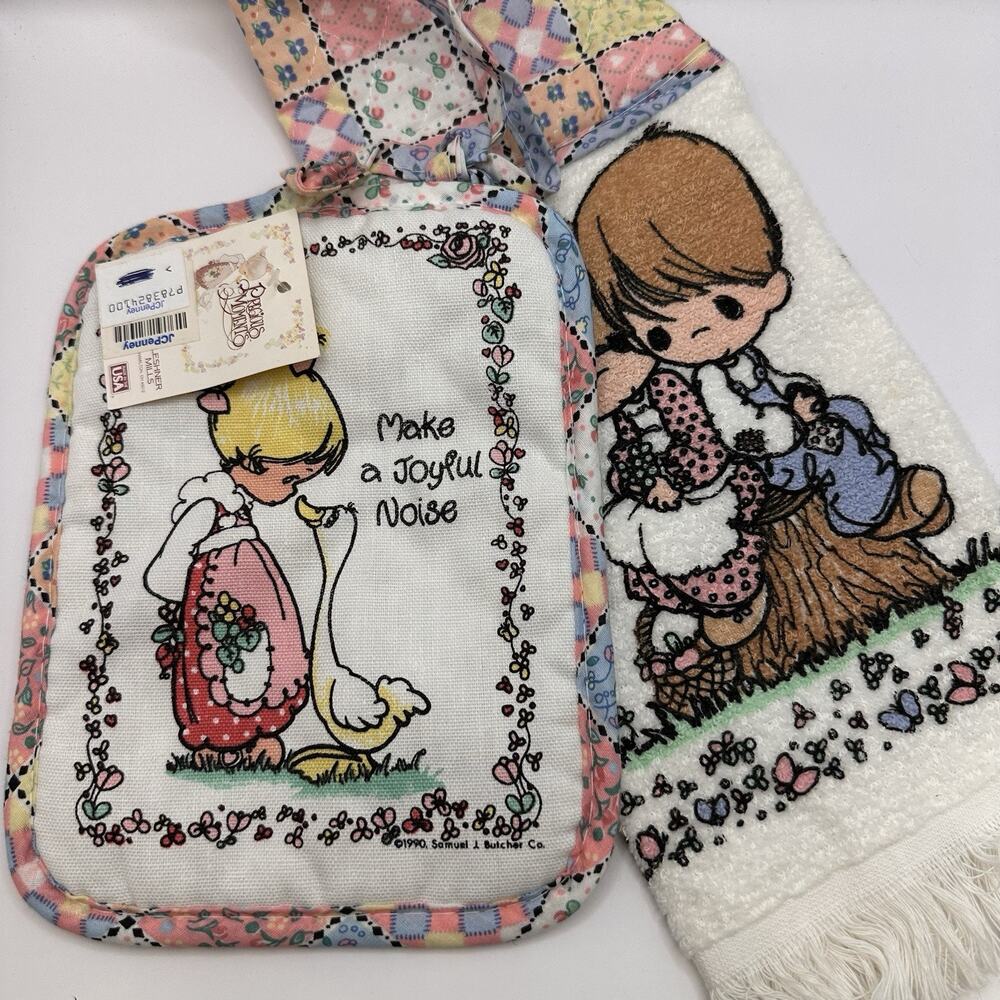 NOS! Vtg Precious Moments Kitchen Hand Towel Pot Holder Hot Pad Joyful Love